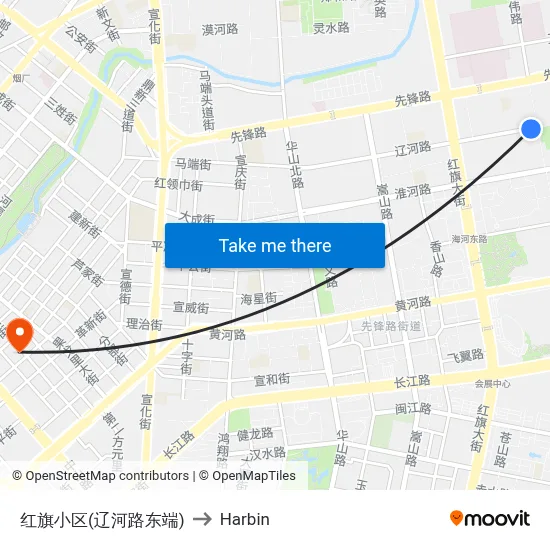 Hongqi Community (East End of Liaohe Road) to Harbin map