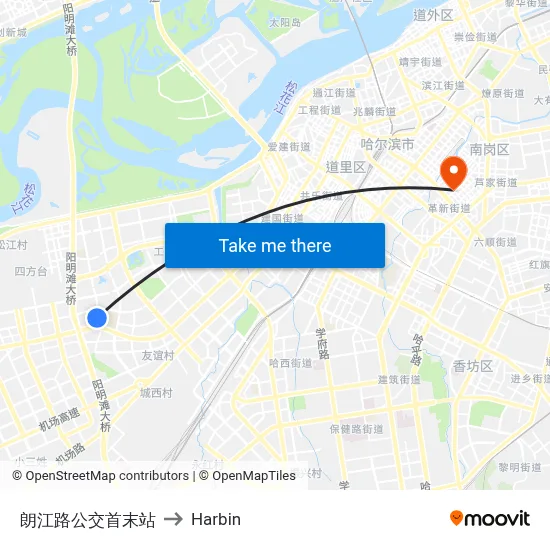 Langjiang Road Bus Terminal to Harbin map