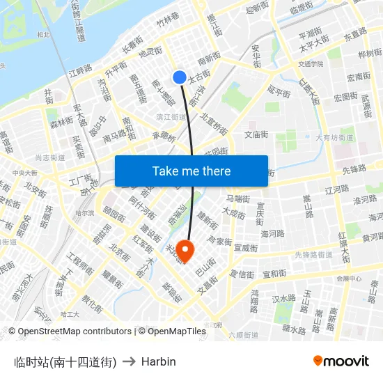 Temporary Stop (South 14th Street) to Harbin map