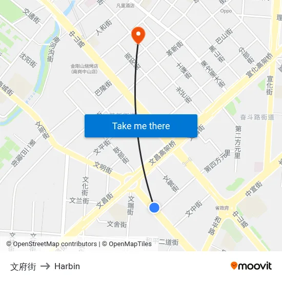 Wenfu Street to Harbin map