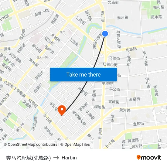 Benma Auto Parts City (Xianfeng Road) to Harbin map