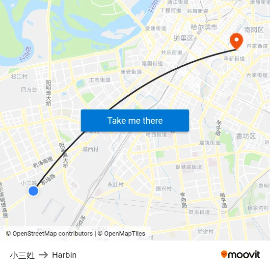 Xiaosanxing to Harbin map