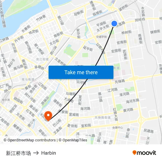 Xinjiang Bridge Market to Harbin map