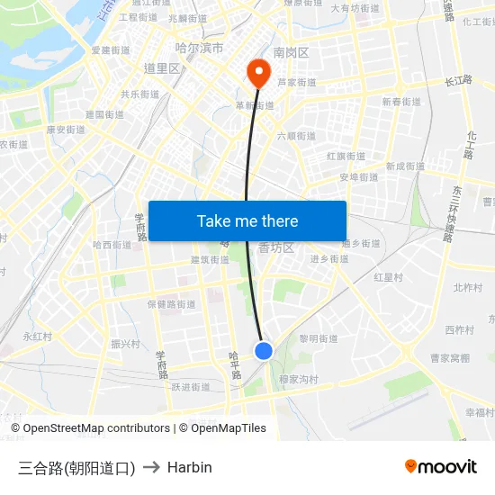 Sanhe Road (Chaoyang Intersection) to Harbin map