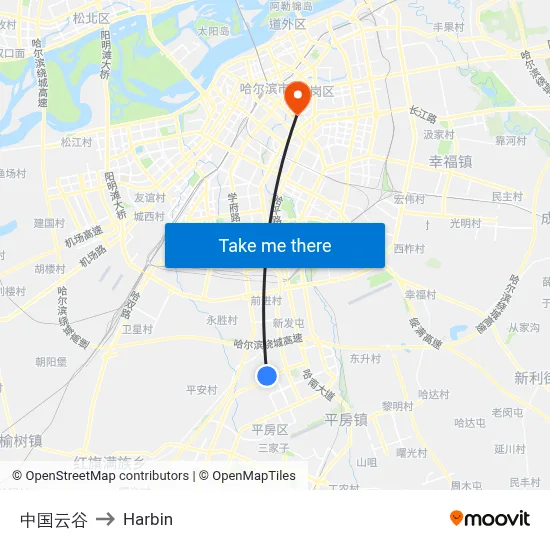 China Cloud Valley to Harbin map