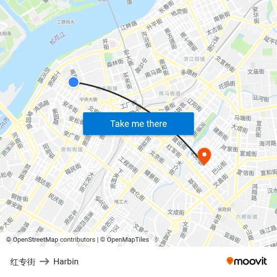 Hongzhuan Street to Harbin map