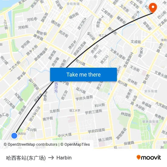 Haxi Station (East Square) to Harbin map