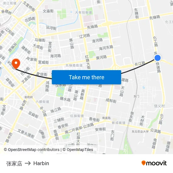 Zhang Jia Store to Harbin map