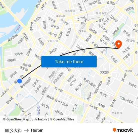 Guxiang Avenue to Harbin map