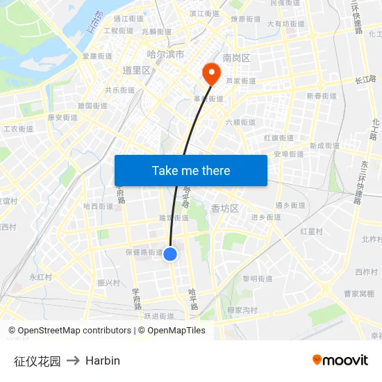 Zhengyi Garden to Harbin map