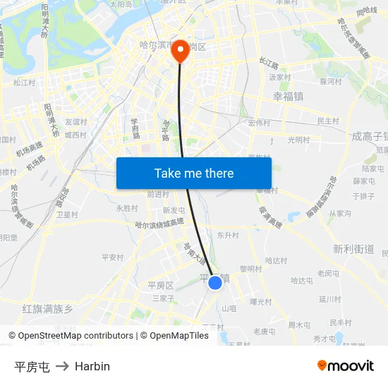Pingfang Village to Harbin map
