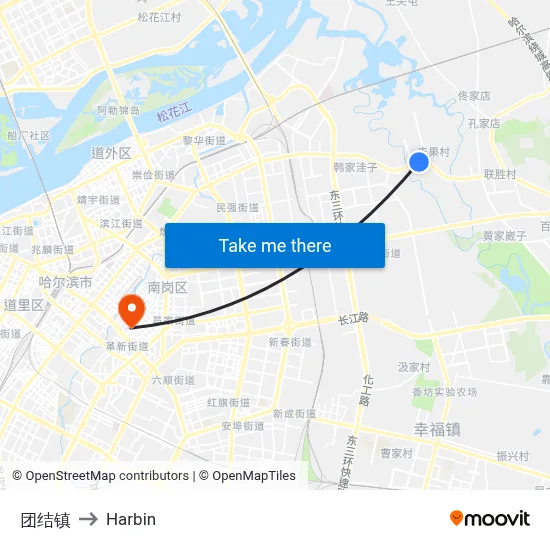 Tuanjie Town to Harbin map