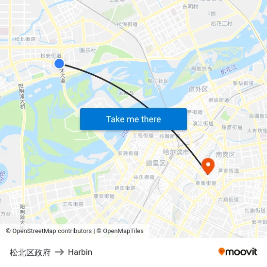 Songbei District Government to Harbin map