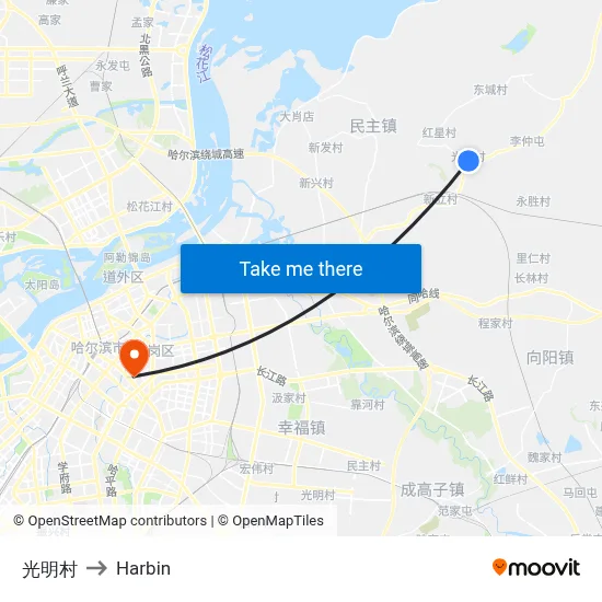Guangming Village to Harbin map