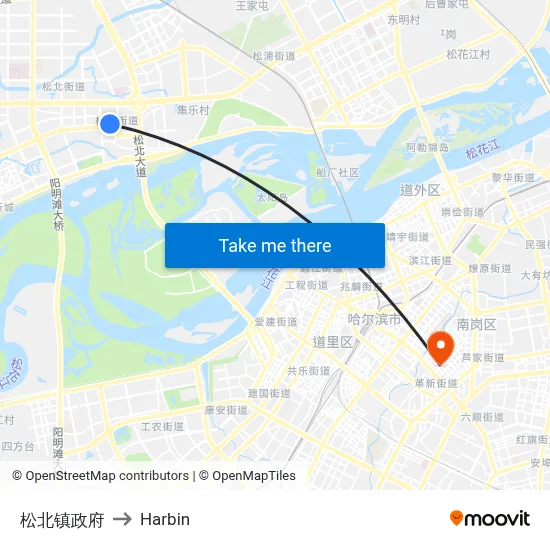 Songbei Town Government to Harbin map