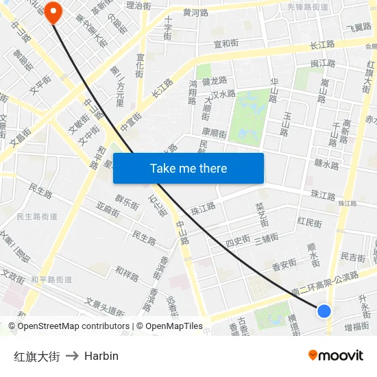 Hongqi Street to Harbin map