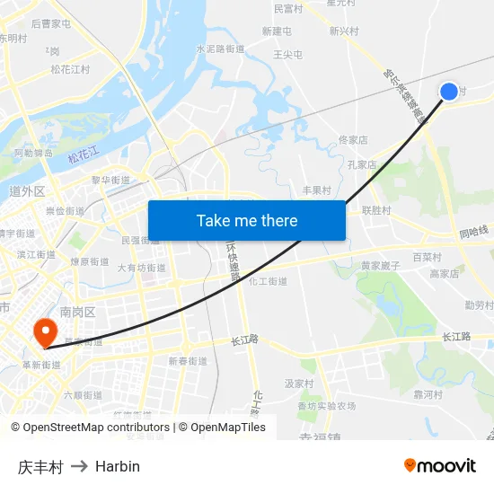 Qingfeng Village to Harbin map