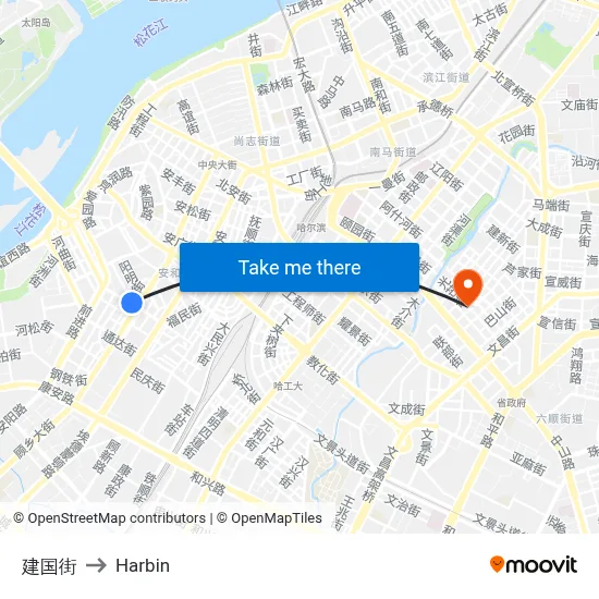 Jianguo Street to Harbin map