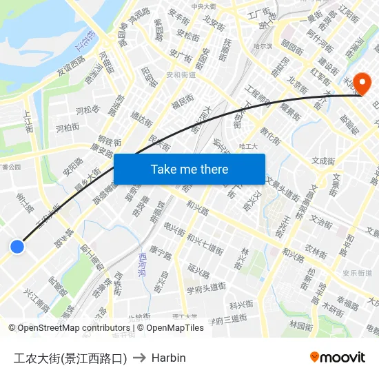 Gongnong Street (Jiangjiang West Road) to Harbin map