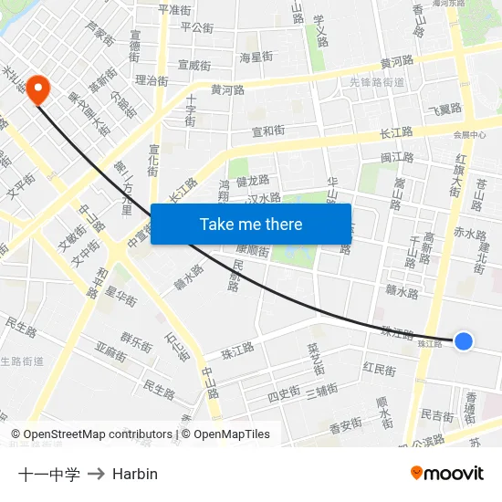 No. 11 Middle School to Harbin map