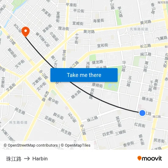 Zhujiang Road to Harbin map
