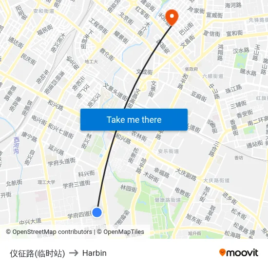 Yizheng Road (Temporary Stop) to Harbin map