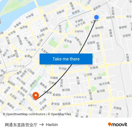 Netcom East Zhilu Office to Harbin map