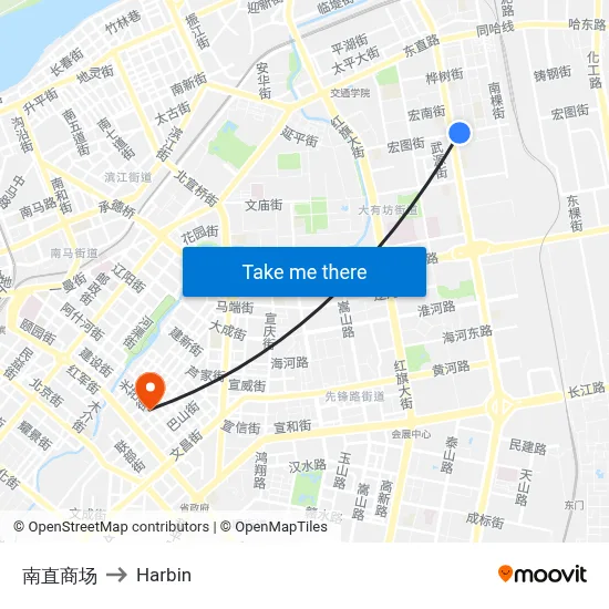Nanzhi Mall to Harbin map