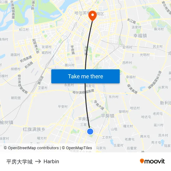 Pingfang University City to Harbin map