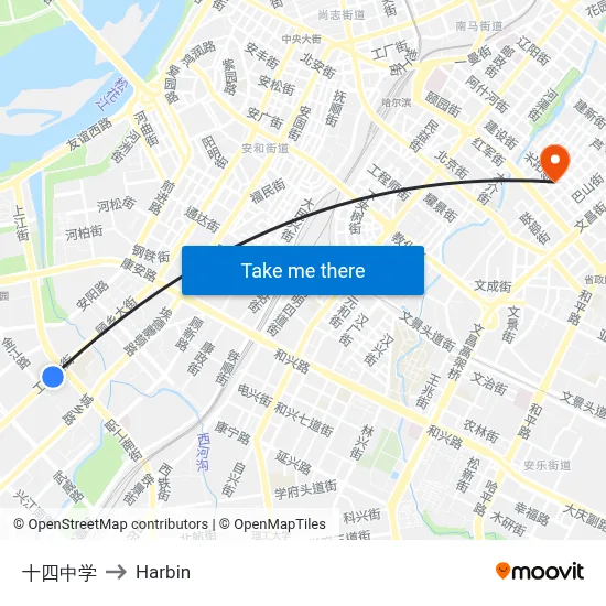 No. 14 Middle School to Harbin map