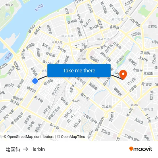 Jianguo Street to Harbin map