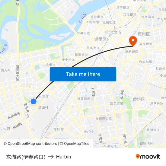 Donghu Road (Yichun Road Intersection) to Harbin map