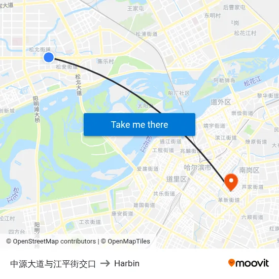 Zhongyuan Avenue and Jiangping Street Intersection to Harbin map