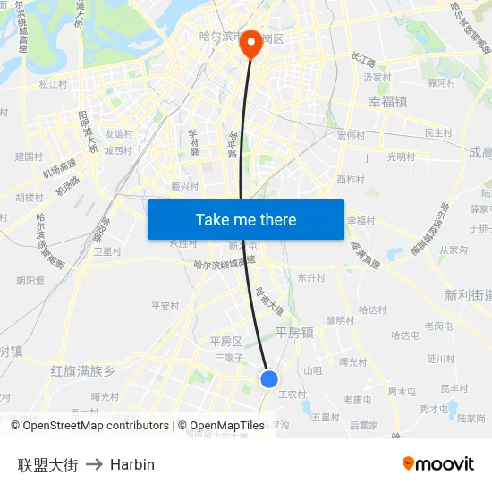 Lianmeng Avenue to Harbin map