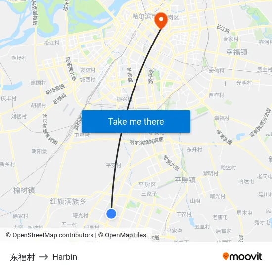 Dongfu Village to Harbin map