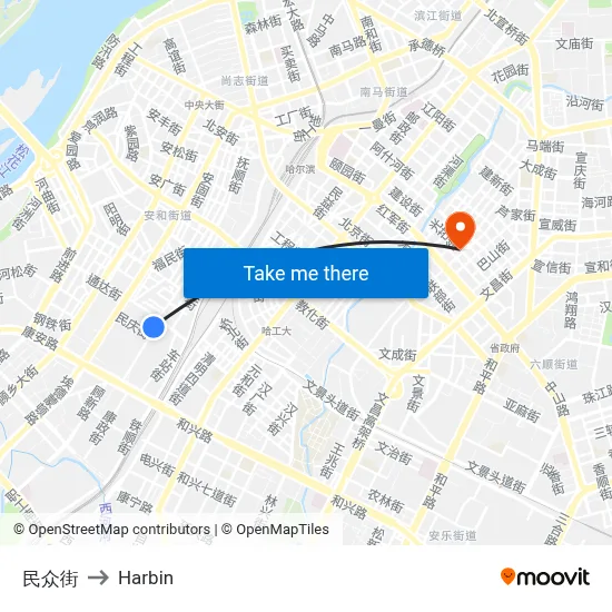 Minzhong Street to Harbin map
