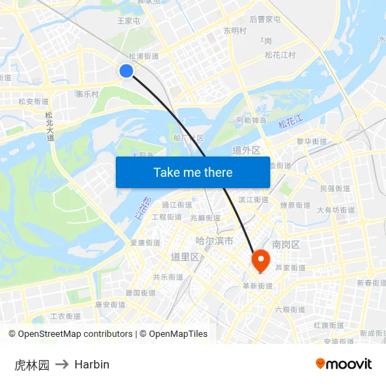 Hulin Park to Harbin map