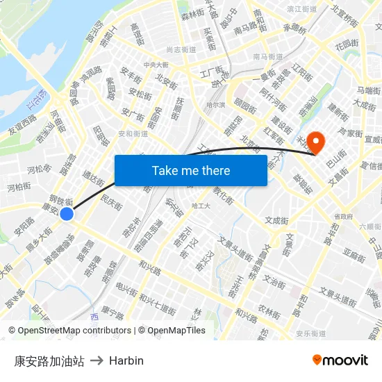 Kang'an Road Gas Station to Harbin map