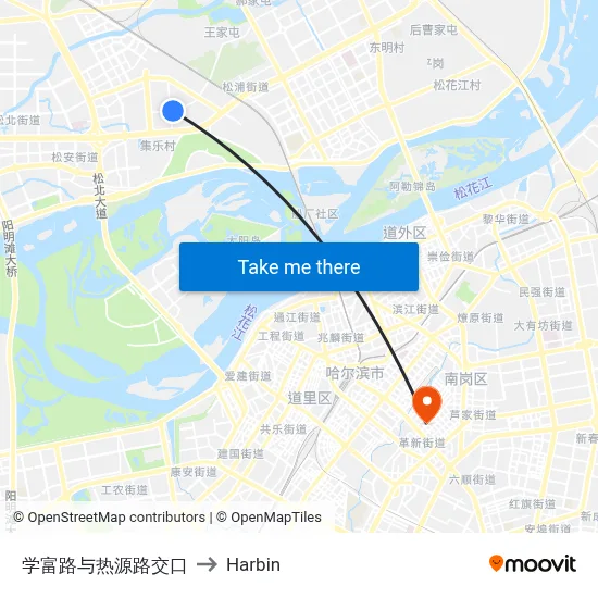Xuefu Road and Reyuan Road Intersection to Harbin map