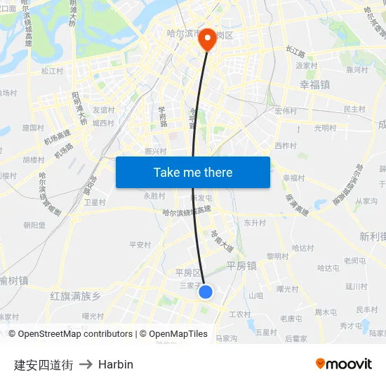 Jianan 4th Street to Harbin map