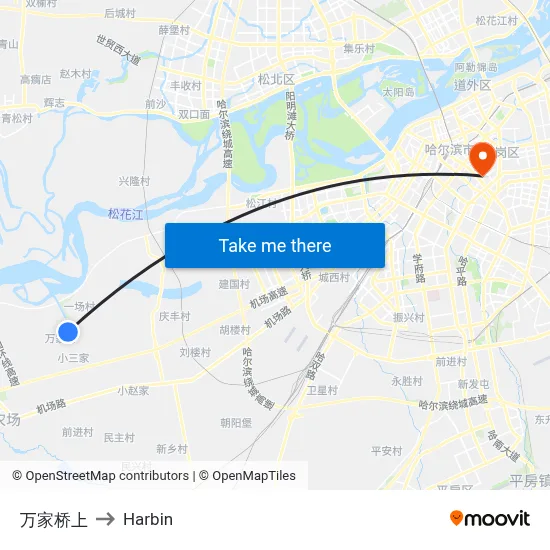Wanjia Bridge to Harbin map
