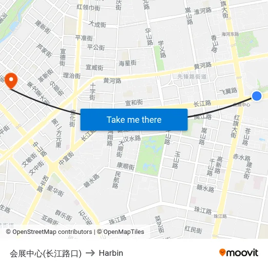 Exhibition Center (Changjiang Road) to Harbin map
