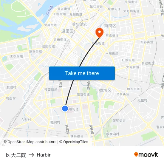 Medical University Second Hospital to Harbin map