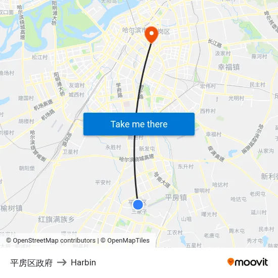 Pingfang District Government to Harbin map