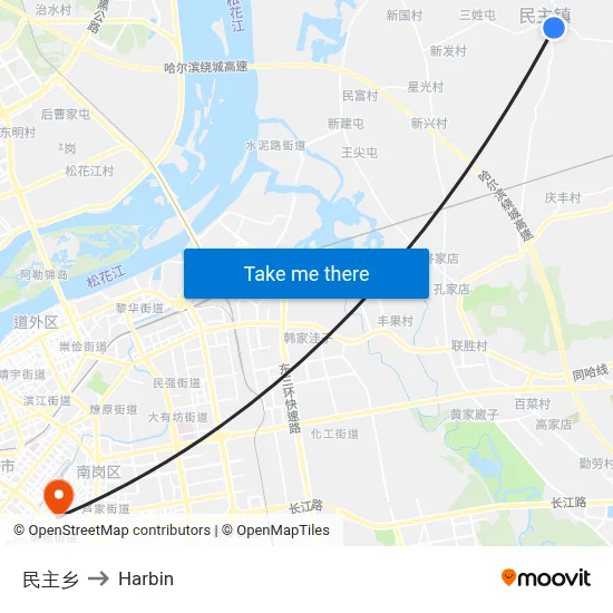 Minzhu Village to Harbin map