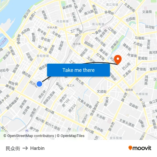 Minzhong Street to Harbin map