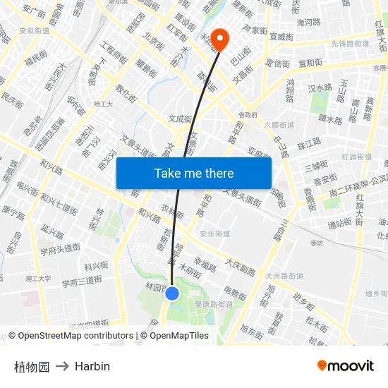 Botanical Garden to Harbin map