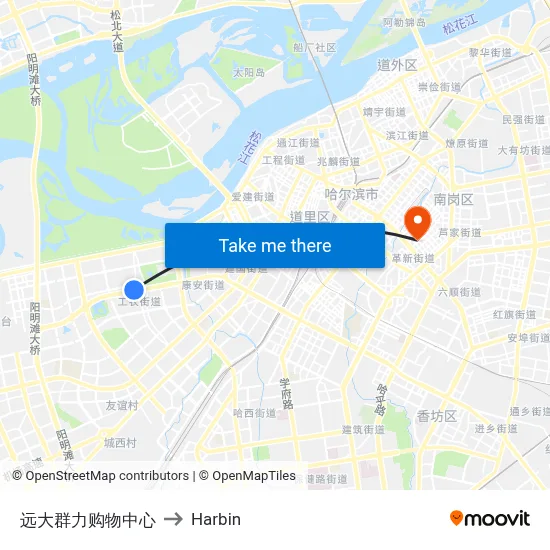 Yuanda Qunli Shopping Center to Harbin map
