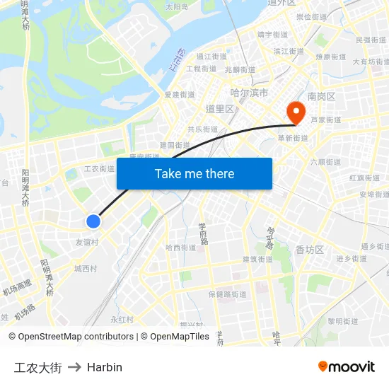 Gong Nong Street to Harbin map