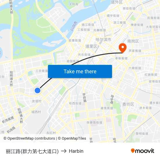 Lijiang Road (Qunli 7th Avenue) to Harbin map